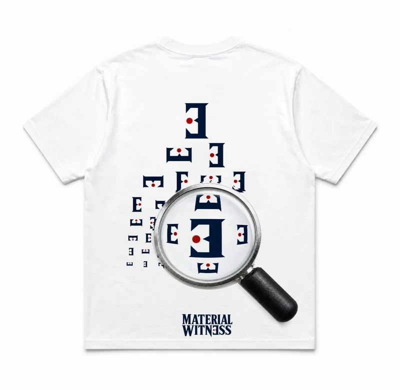 MW–001 white Eye Test T-shirt, complete back view with eye-chart artwork and Material Witness wordmark