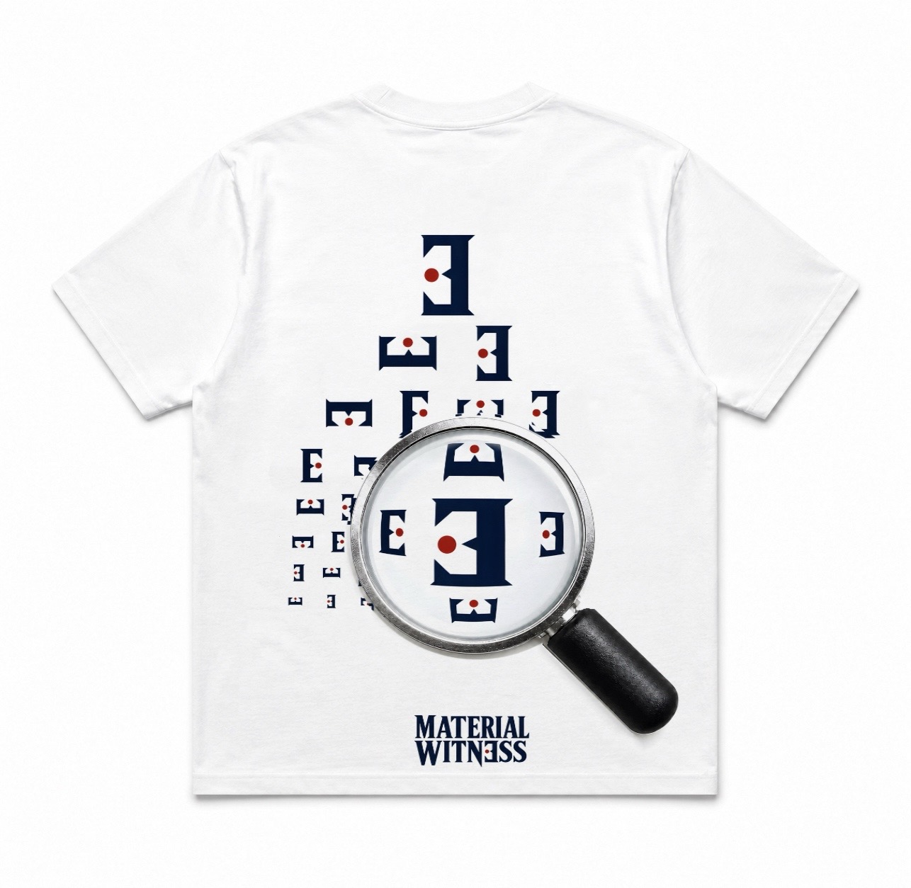 MW–001 white Eye Test T-shirt, complete back view with eye-chart artwork and Material Witness wordmark