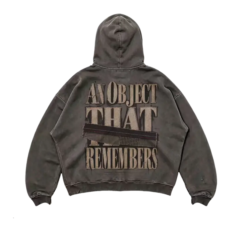 MW–002 heavyweight charcoal patch zip hoodie, back view with A N Object That Remembers artwork