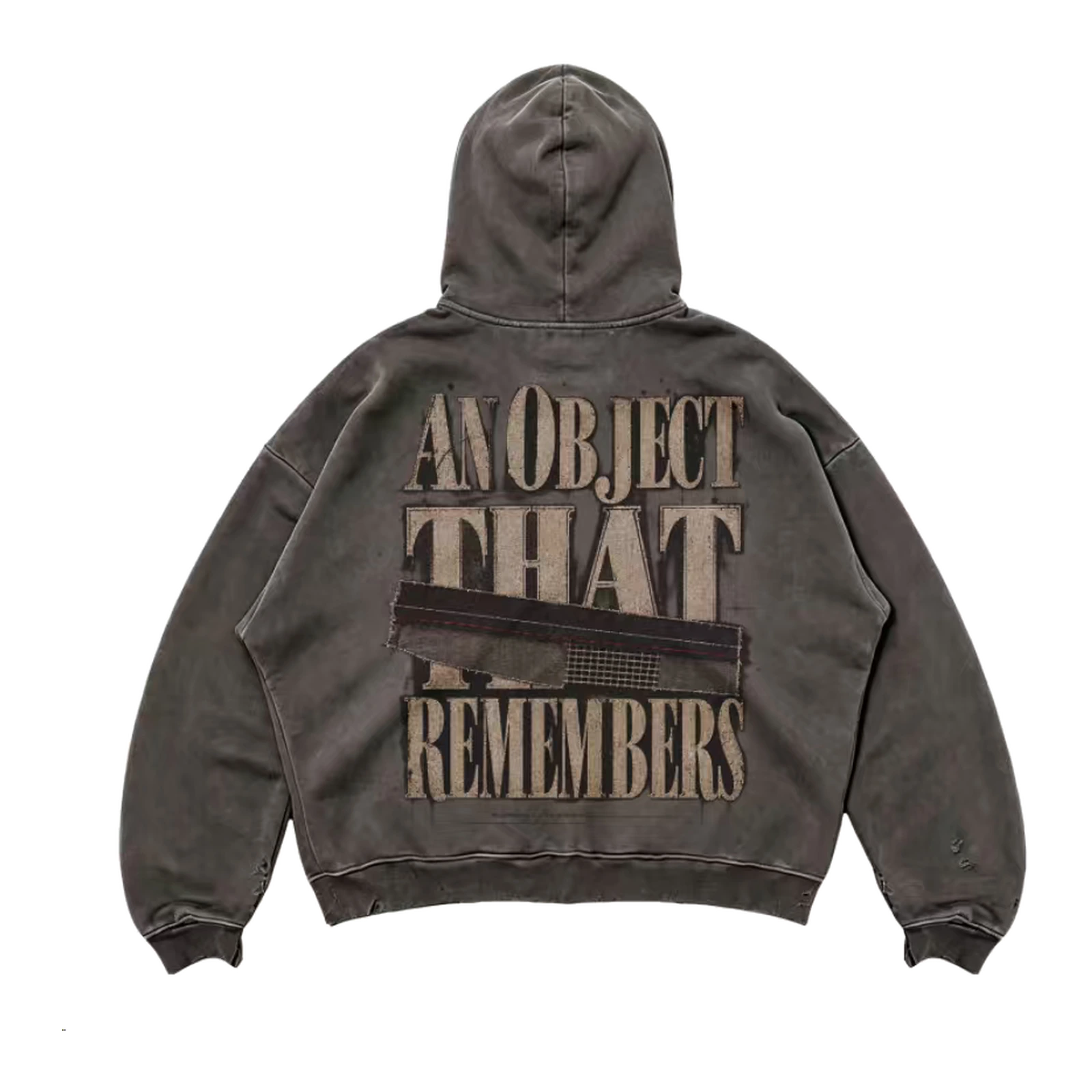 MW–002 heavyweight charcoal patch zip hoodie, back view with A N Object That Remembers artwork