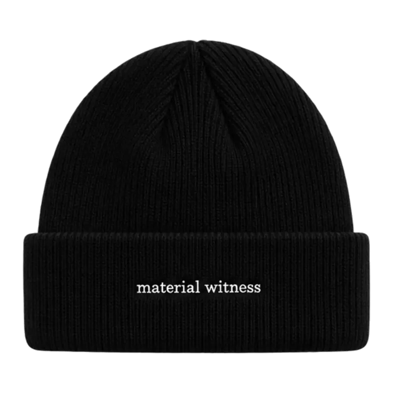 MW–005 black embroidered beanie with Material Witness wordmark