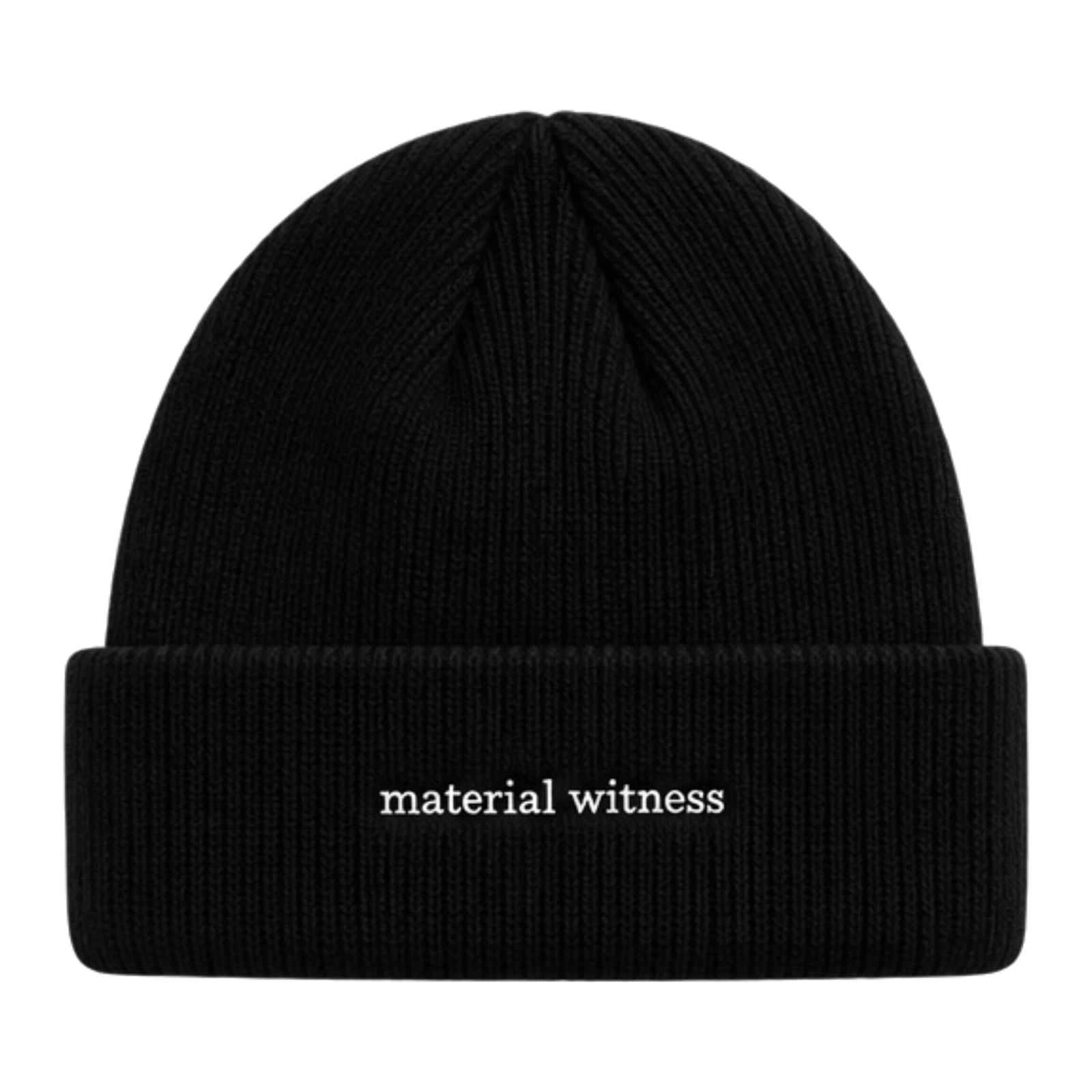 MW–005 black embroidered beanie with Material Witness wordmark