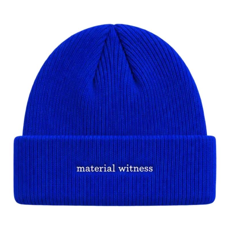 MW–005 signal blue embroidered beanie with Material Witness wordmark