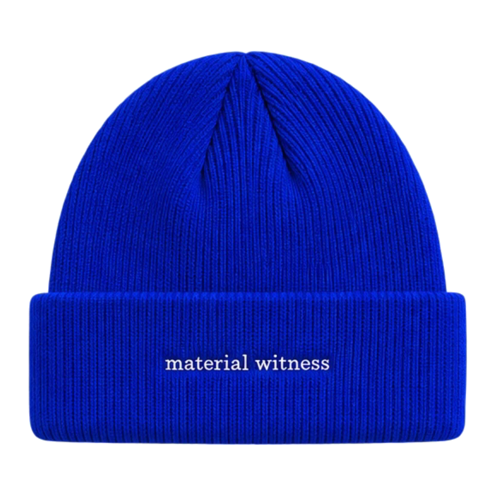 MW–005 signal blue embroidered beanie with Material Witness wordmark