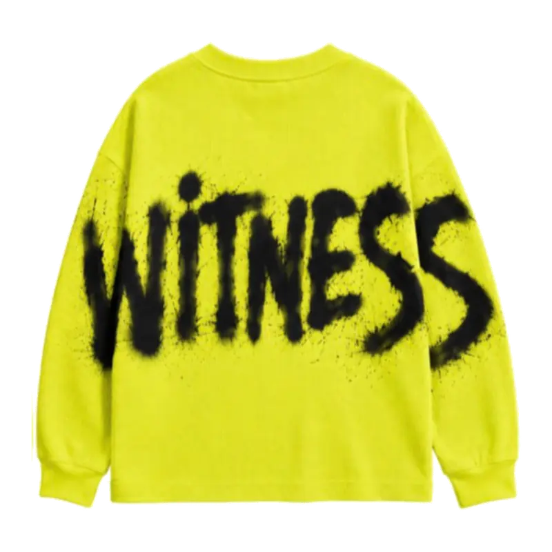 MW–006 acid-yellow waffle thermal with black Witness spray graphic, back view