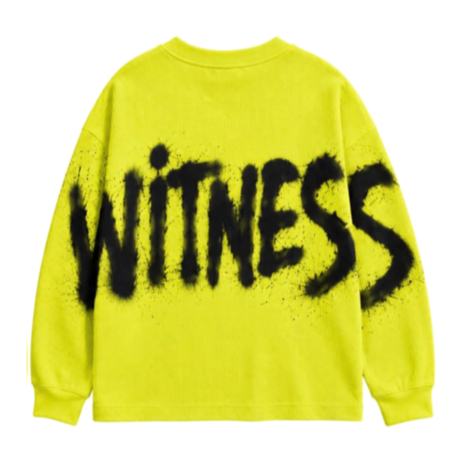 MW–006 acid-yellow waffle thermal with black Witness spray graphic, back view
