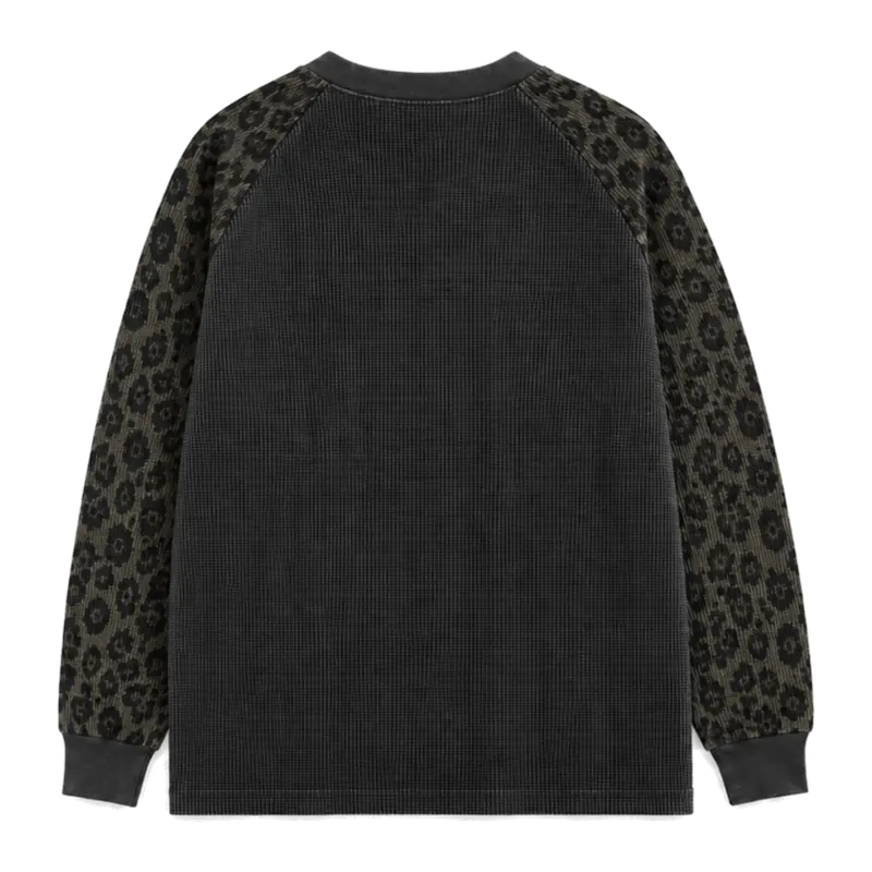 MW–008 washed black No Rave thermal with leopard raglan sleeves, back view