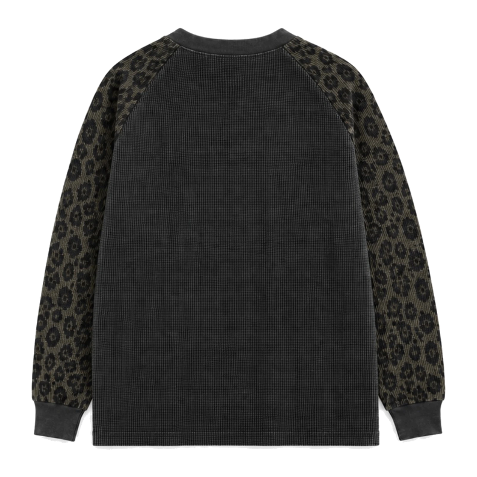 MW–008 washed black No Rave thermal with leopard raglan sleeves, back view